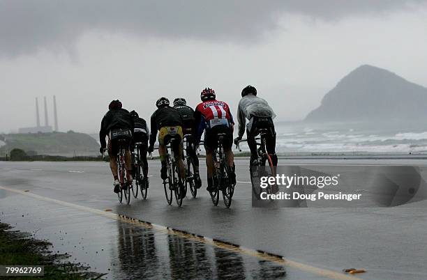 The breakaway heads into Morro Bay during a rain soaked Stage 4 of the Amgen Tour of California on February 21,2008 from Seaside to San Luis Obispo,...