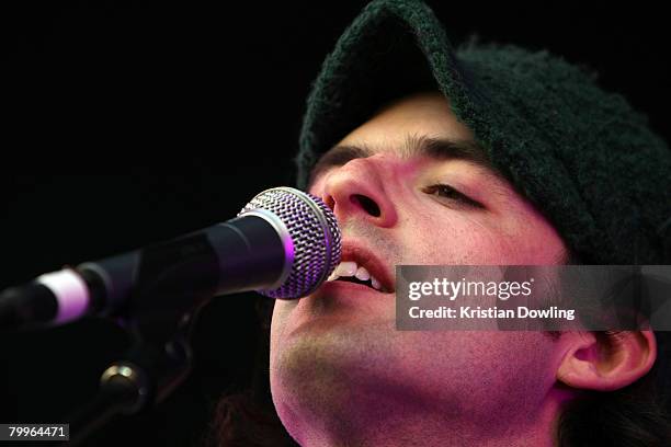 Australian musician Alec Ounsworth of Brooklyn band Clap Your Hands Say Yeah performs at St Jerome's Laneway Festival 2008 at Lonsdale Street on...