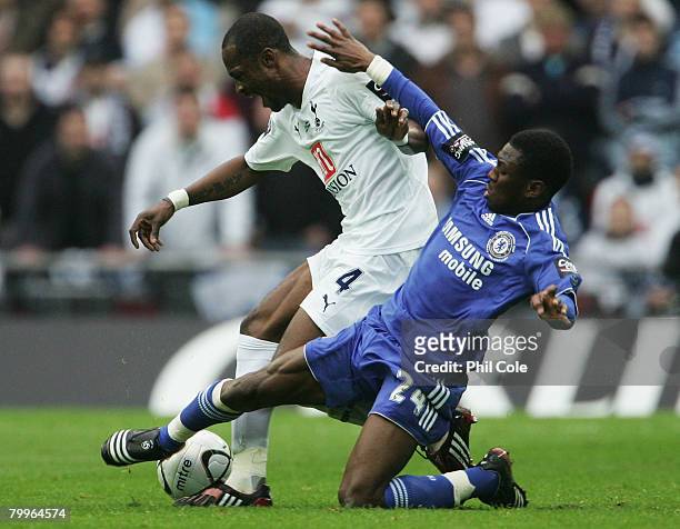 Shaun Wright-Phillips of Chelsea challenges Didier Zokora of Tottenham Hotspur during the Carling Cup Final between Tottenham Hotspur and Chelsea at...