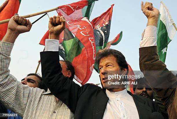 Pakistani politician Imran Khan takes part in a protest against the detention of deposed chief justice Iftikhar Muhammad Chaudhry during an...