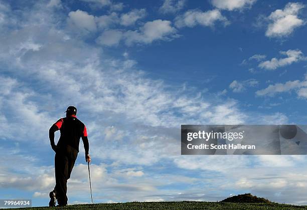 Tiger Woods waits on the first green during the Championship match of the WGC-Accenture Match Play Championship at The Gallery at Dove Mountain on...