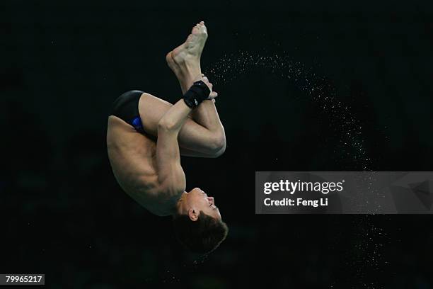 Great Britain's Tom Daley competes during the men's 10m platform final of the "Good Luck Beijing" 2008 16th FINA Diving World Cup at the National...