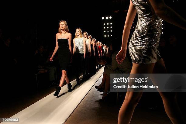Models present creations by French designer Christophe Decarnin for Balmain during the Fall/Winter 2008/2009 ready-to-wear show on February 24, 2008...