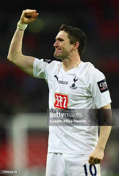 Robbie Keane of Tottenham Hotspur celebrates victory following the Carling Cup Final between Tottenham Hotspur and Chelsea at Wembley Stadium on...