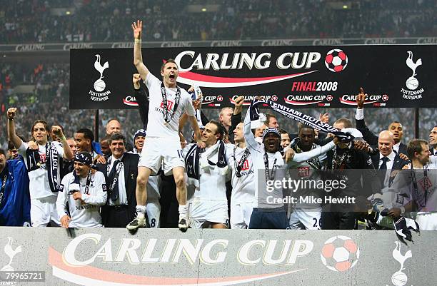 Robbie Keane of Tottenham Hotspur leads the celebrations following victory during the Carling Cup Final between Tottenham Hotspur and Chelsea at...