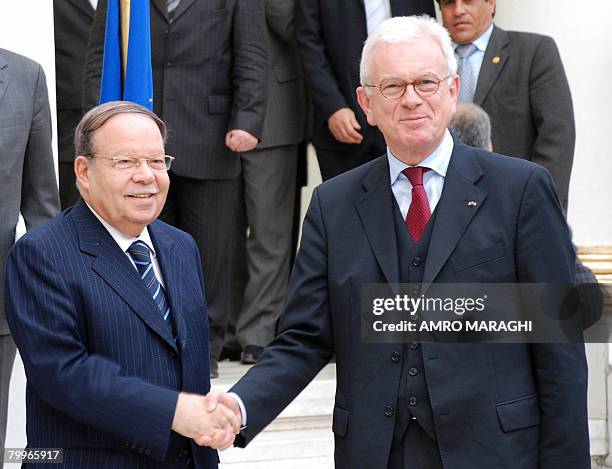 President of the European Parliament Hans-Gert Pottering shakes hands with Egyptian parliament speaker Ahmed Fathi Surur upon the former's arrival...