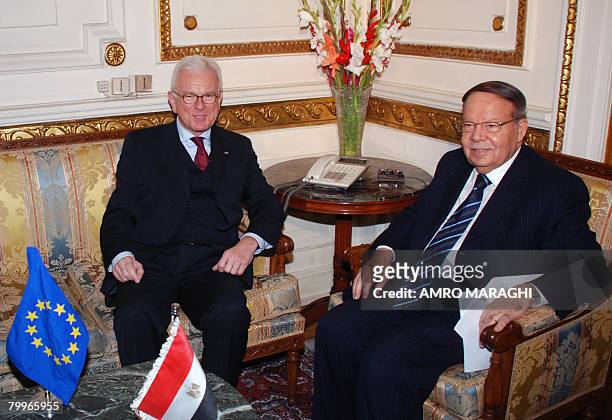 President of the European Parliament Hans-Gert Pottering meets with Egyptian parliament speaker Ahmed Fathi Surur in Cairo on February 24, 2008. AFP...