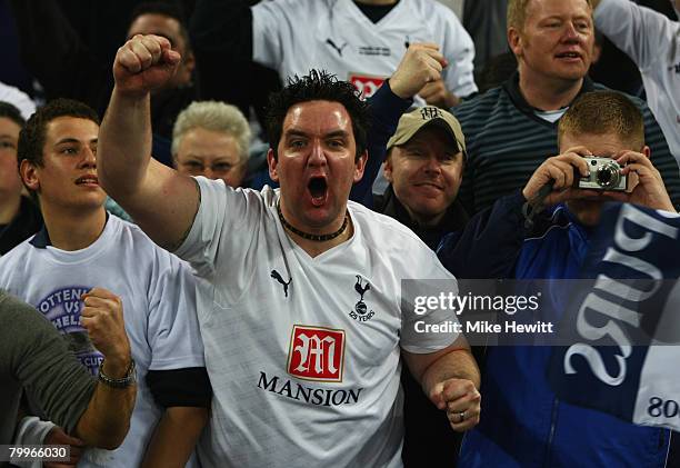 Tottenham Hotspur fans celebrate victory following the Carling Cup Final between Tottenham Hotspur and Chelsea at Wembley Stadium on February 24,...