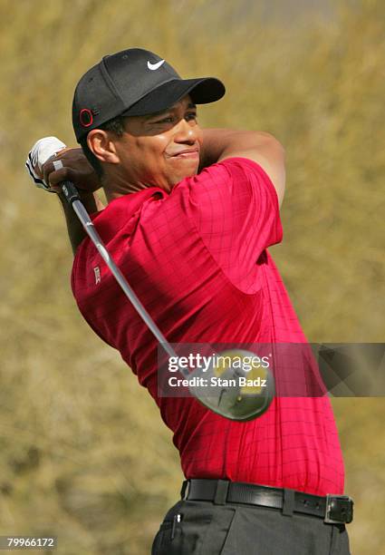 Tiger Woods hits from the 18th tee during the Championship match of the WGC-Accenture Match Play Championship at The Gallery at Dove Mountain on...