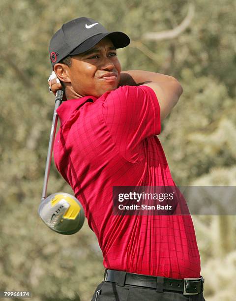 Tiger Woods hits from the 17th tee during the Championship match of the WGC-Accenture Match Play Championship at The Gallery at Dove Mountain on...