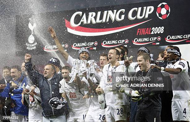 Tottenham Hotspur players celebrate after winning the Carling Cup Final against Chelsea at Wembley Stadium in London on February 24, 2008. Tottenham...