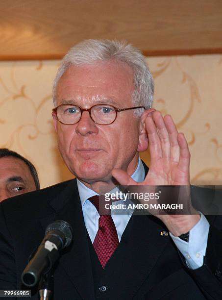 President of the European Parliament Hans-Gert Pottering speaks during a press conference after a meeting with Egyptian parliament speaker Ahmed...
