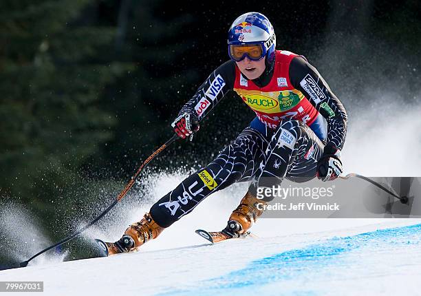 Lindsey Vonn of the USA skis in the Super G in the Ladies Super Combined during the Audi FIS Alpine World Cup Downhill on February 24, 2008 in...