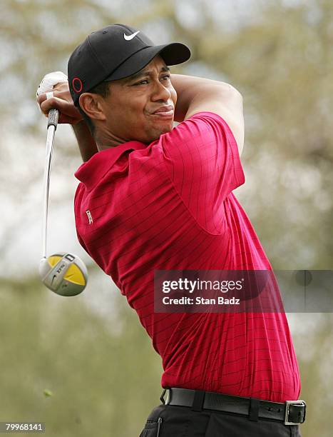Tiger Woods hits from the second tee during the Championship match of the WGC-Accenture Match Play Championship at The Gallery at Dove Mountain on...