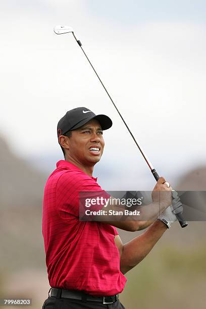 Tiger Woods hits to the fifth green during the Championship match of the WGC-Accenture Match Play Championship at The Gallery at Dove Mountain on...