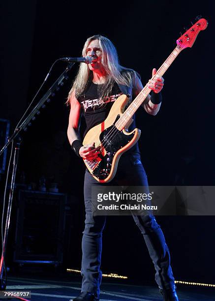 Musician James Lomenzo of Megadeth performs at Brixton Academy February 24, 2008 in London England.