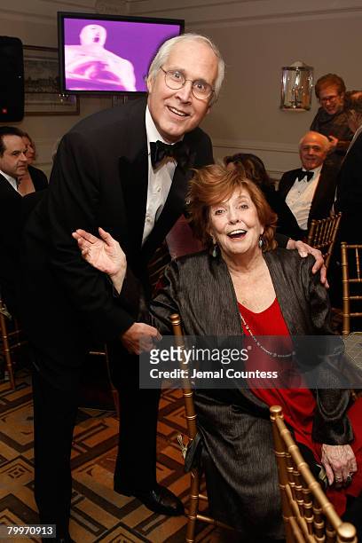 Actress Anne Meara and Comedian Chevy Chase attend The 80th Annual Academy Awards Official Academy of Motion Pictures viewing party at The Carlyle on...