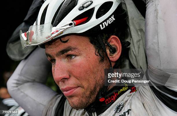 Mark Cavendish of Great Britain and riding for Astana puts on a jacket after Stage 7 of the Amgen Tour of California February 24, 2008 in Pasadena,...