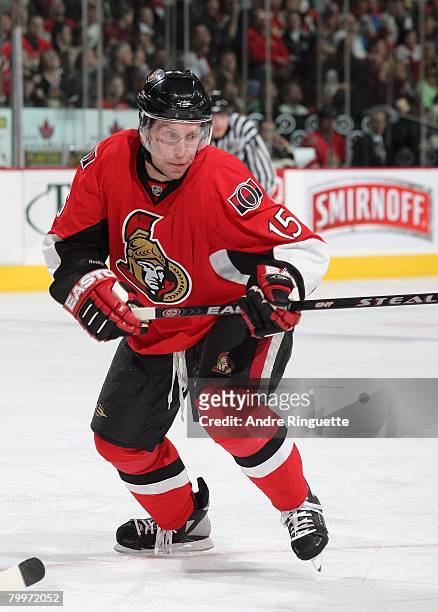 Dany Heatley of the Ottawa Senators skates against the New Jersey Devils at Scotiabank Place on February 16, 2008 in Ottawa, Ontario, Canada.