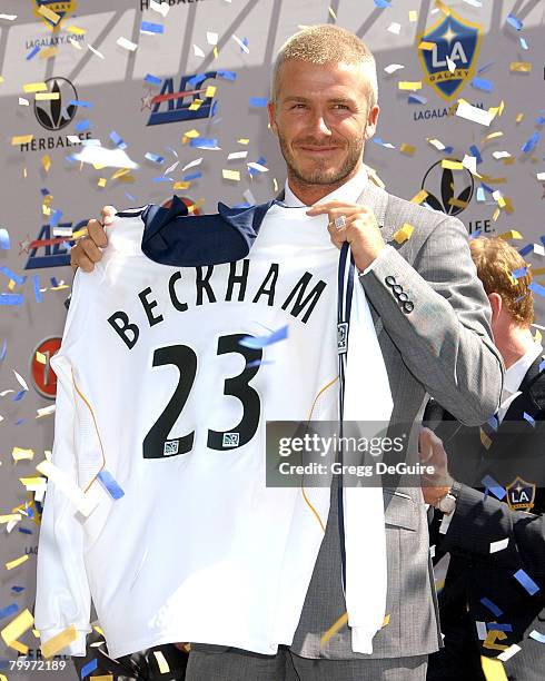 David Beckham showing his new jersey at the "David Beckham Official Presentation" press conference at the Home Depot Center on July 12, 2007 in...