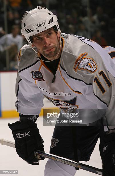 Center David Legwand of the Nashville Predators skates against the Dallas Stars on February 23, 2008 at the Sommet Center in Nashville, Tennessee.