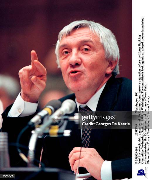 Washington, DC Yuri Shchekochikhin, a member of the Russian Duma, answers a question before the House Banking Committee Wednesday, Sept. 22 in...