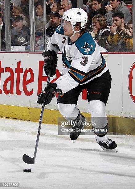 Douglas Murray of the San Jose Sharks looks to pass up ice against the Pittsburgh Penguins on February 24, 2008 at Mellon Arena in Pittsburgh,...