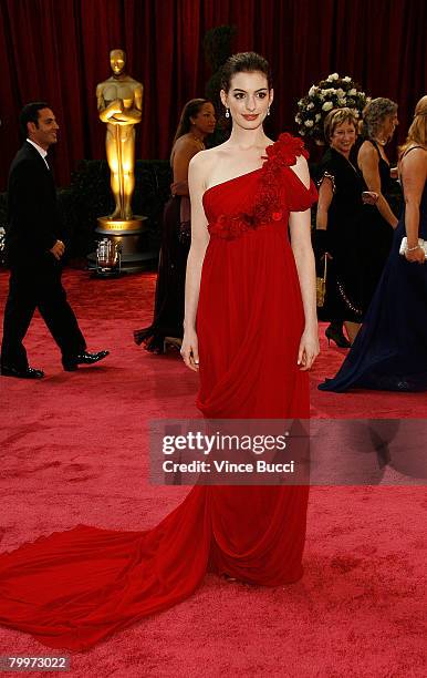 Actress Anne Hathaway arrives at the 80th Annual Academy Awards held at the Kodak Theatre on February 24, 2008 in Hollywood, California.