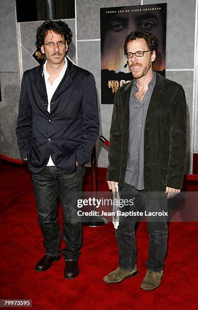 Joel Coen and Ethan Coen arrive at the premiere of Miramax Films' 'No Country For Old Men' held at the El Capitan Theater on November 4, 2007 in...