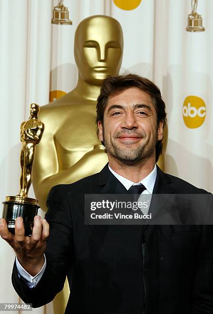 Actor Javier Bardem, winner of the Performance By An Actor In A Supporting Role award for "No Country for Old Men" poses in the press room during the...