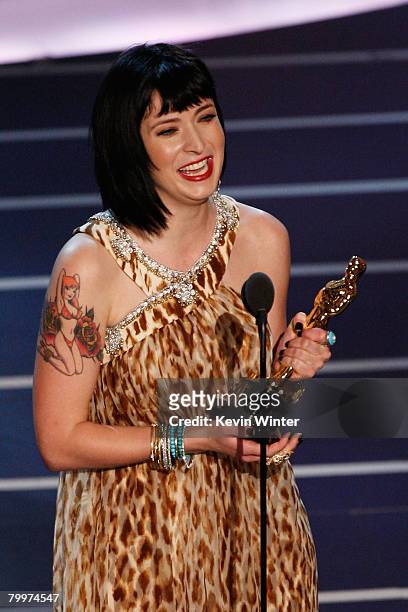 Writer Diablo Cody accepts the award for Best Original Screenplay for the movie "Juno" during the 80th Annual Academy Awards held at the Kodak...