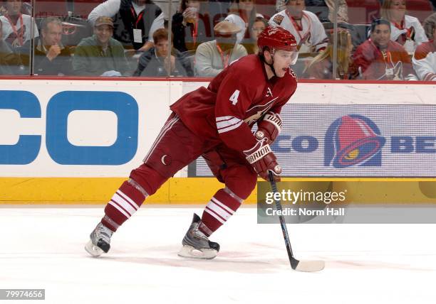 Defenseman Zbynek Michalek of the Phoenix Coyotes skates with the puck against the Colorado Avalanche on February 22, 2008 at Jobing.com Arena in...