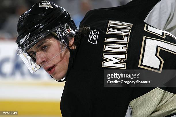 Evgeni Malkin of the Pittsburgh Penguins waits for a faceoff during a game against the Florida Panthers on February 19, 2008 at Mellon Arena in...
