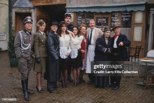 Cast of the television sitcom series 'Allo 'Allo! pictured together on location in Mundford, Norfolk on 22nd April 1986. From left to right: Guy...