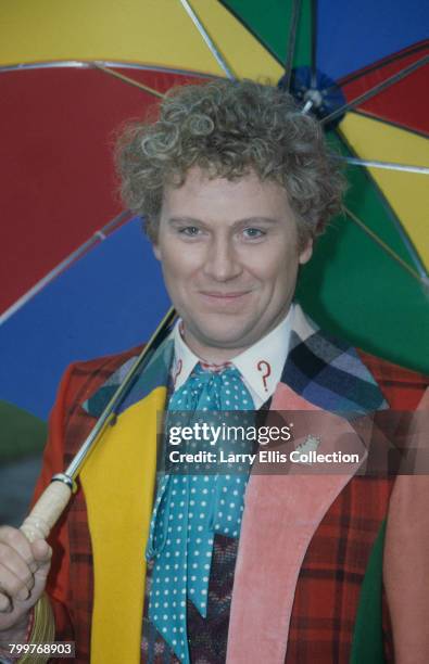 English actor Colin Baker pictured in character as The Doctor on location during filming of the BBC television science fiction series Doctor Who in...