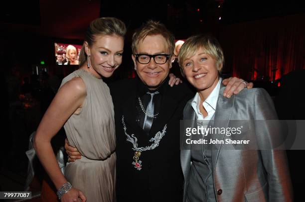 Actress Portia de Rossi, singer Elton John and television personalityEllen DeGeneres and actress Jane Hajduk attend the 16th Annual Elton John AIDS...