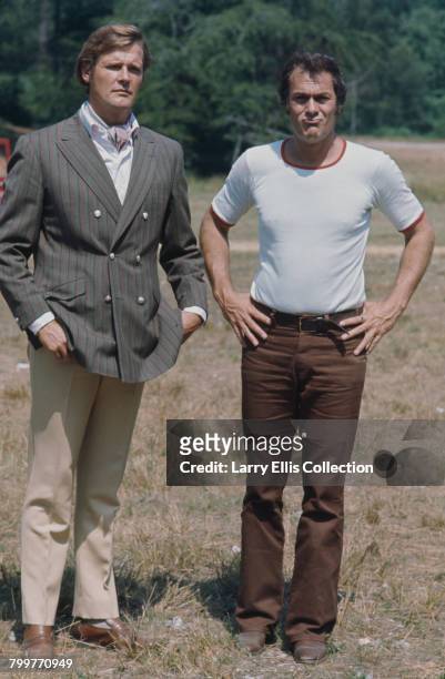 English actor Roger Moore and American actor Tony Curtis pictured together in character as Lord Brett Sinclair and Danny Wilde on location during...