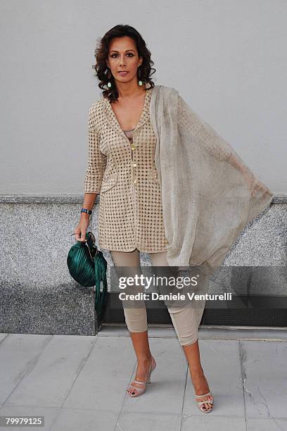 Anna Kanakis attends the Giorgio Armani fashion show as part of Milan Fashion Week Autumn/Winter 2008/09 on February 18, 2008 in Milan, Italy.