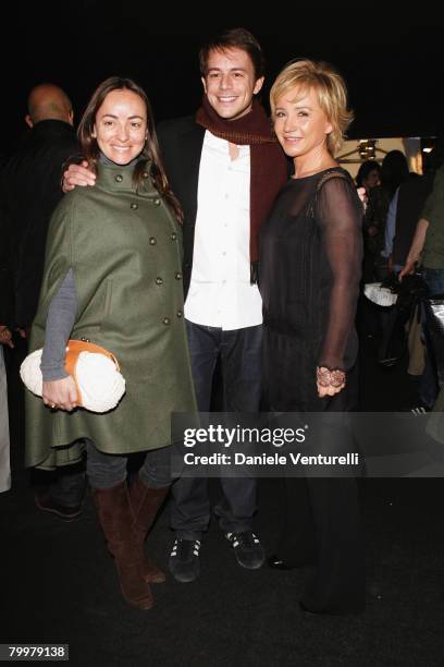 Camila Raznovich, Michelangelo Tommasi and Alberta Ferretti attend the Alberta Ferretti fashion show as part of Milan Fashion Week Autumn/Winter...