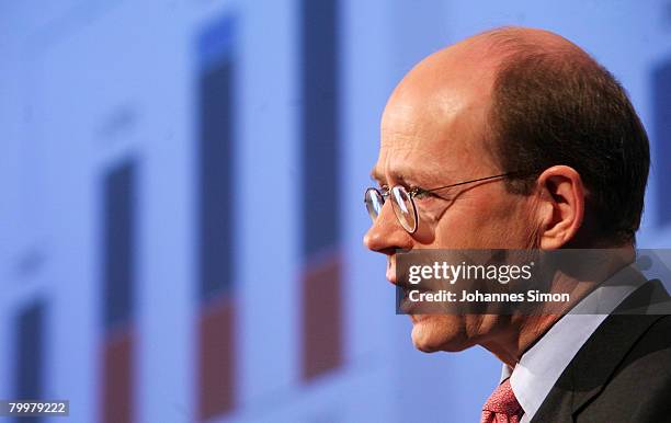 Nikolaus von Bomhard, CEO of the Munich Re Group, announces the results 2007 during a press conference on February 25, 2008 in Munich, Germany....