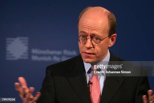 Nikolaus von Bomhard, CEO of the Munich Re Group, announces the results 2007 during a press conference on February 25, 2008 in Munich, Germany....