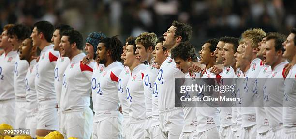 The team stand for the national Anthem during the under 20's match between France U20 and England U20 at the Stade des Alpes, on February 22, 2008 in...