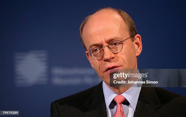 Nikolaus von Bomhard, CEO of the Munich Re Group, announces the results 2007 during a press conference on February 25, 2008 in Munich, Germany....