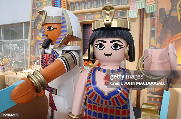 By LAURE FILLON Giant Playmobil figurines, part of a new Egyptian Pharao theme, stand in the lobby of the German toy giant's headquarters in Zirndorf...
