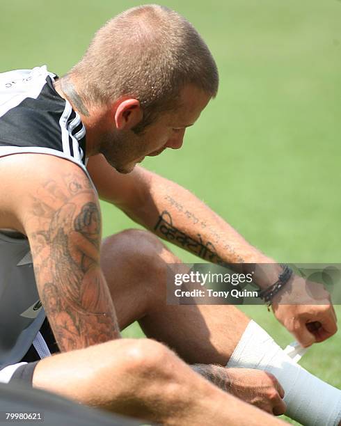 David Beckham with an injured left ankle during a light training session at RFK stadium on August 8, 2007 in Washington, DC. David Beckham held a...