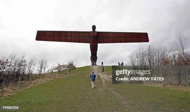 Sculpture entitled 'Angel of the North' by British artist Antony Gormley is pictured near Gateshead, in north-east England, on February 23, 2008. It...