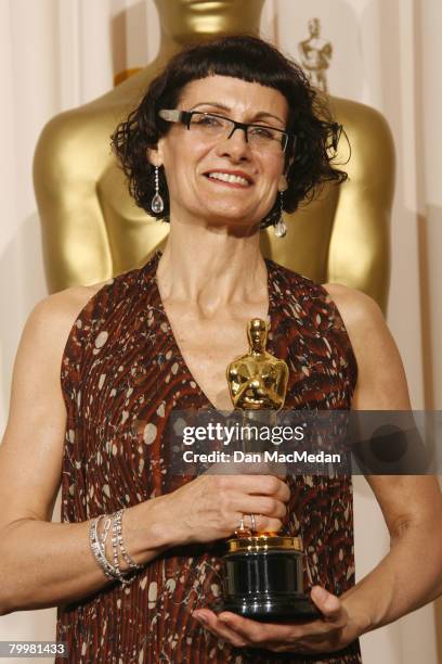 Alexandra Byrne poses with her Oscar for Best Costume Design in the press room during The 80th Annual Academy Awards held at the Kodak Theater on...