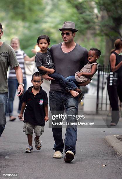 Brad Pitt visits playground with children Zahara Jolie-Pitt, Pax Jolie-Pitt and Maddox Jolie-Pitt in New York City on August 26, 2007.