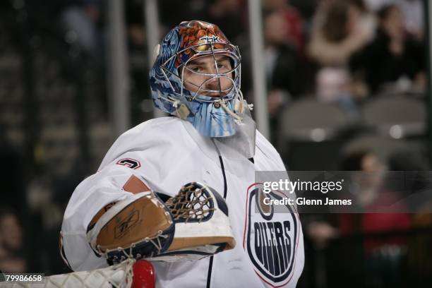 Mathieu Garon of the Edmonton Oilers tends goal against the Dallas Stars at the American Airlines Center on February 22, 2008 in Dallas, Texas.