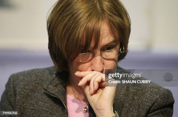 Dominique Delagrange, the mother of murdered French student Amelie Delagrange, is pictured at a press conference in London, on February 25, 2008....